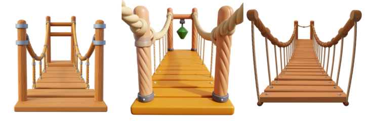 Wooden Suspension Bridge Rendered Against Transparent Background Showing Rope And Timber Construction For Crossing