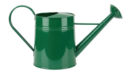 Green metal watering can isolated PNG, gardening equipment for watering plants and flowers on transparent background