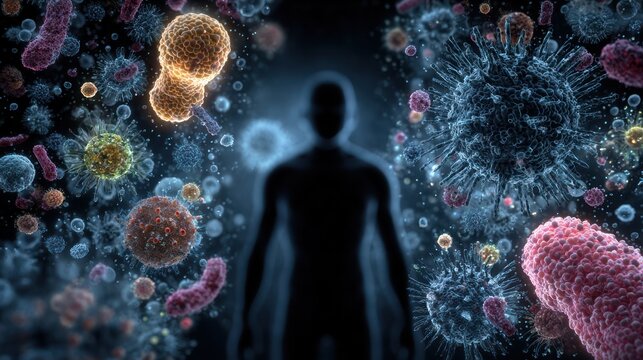 Microscopic Threat: A human silhouette stands vulnerable against a backdrop of a colorful array of viruses, bacteria, and germs.
