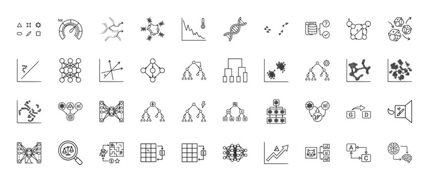 Machine learning and artificial intelligence line icon set. Vector pictograms of neural networks, data clustering, decision trees, and genetic algorithms, thin outline illustration.