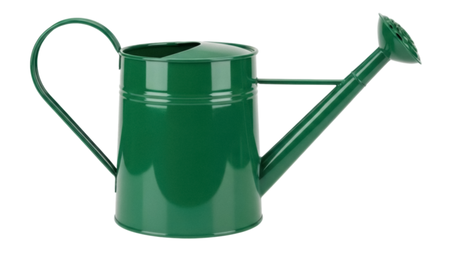 Green metal watering can isolated PNG, gardening equipment for watering plants and flowers on transparent background