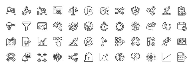 Data science and business optimization line icon set. vector pictograms of magnifying glass, gears, charts, funnel, neural network, and security shields, thin outline illustration.