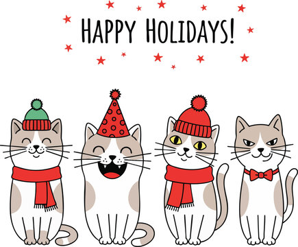 Cute cartoon cats in holiday attire, including winter hats and scarves, wishing a happy holidays message in a playful illustration style - Powered by Adobe