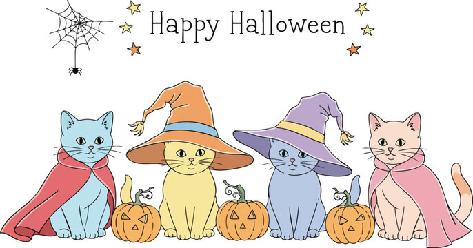 Cute cartoon cats in witch hats and capes with pumpkins and a spiderweb celebrate Halloween - Powered by Adobe