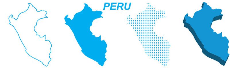 Peru Map Vector Set, South America Outline Silhouette Dotted 3D Solid Shapes, Peru Country Infographic Template, Editable EPS Peru Geography