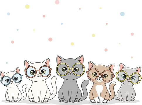 Cute cartoon cats wearing glasses and sitting in a row with a playful, colorful background. Ideal for children's themes, education, or fun designs