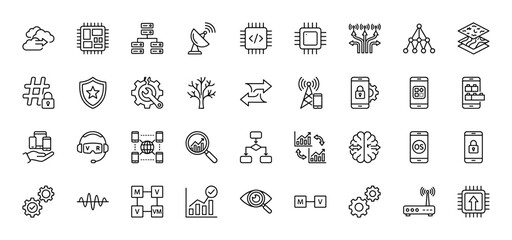 Technology and it outline icon set. vector pictograms of cloud, processor, server, antenna, security, vr, smartphone, and network, thin outline illustration.