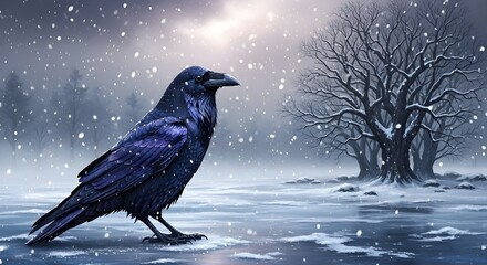 Obraz premium Lone raven stands stoically on icy ground amidst falling snow and bare winter trees.
