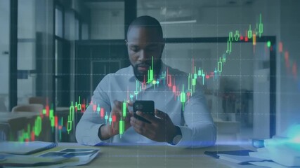 Focused financial analyst examining real-time stock market data on his smartphone amidst dynamic trading charts, symbolizing investment strategies and digital economic insight - Powered by Adobe