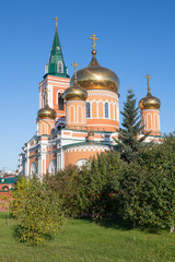 View of the domes of the Cathedral of the Sign (Cathedral of the Icon of the Mother of God of the Sign) on a sunny September day. Barnaul. Altai Territory, Russia