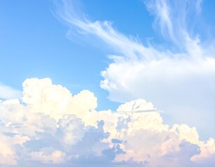 Beautiful pastel blue sky with fluffy white clouds during bright summer day