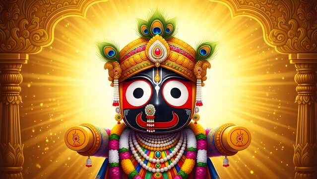 Depiction of Lord Jagannath with golden glow, symbolizing holiness, divine protection, prosperity, and serene spiritual energy in a vibrant devotional scene