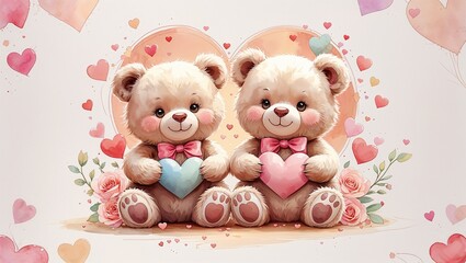 hygge-style valentine&rsquo;s day postcard featuring a cute stylized bear in warm pastel colors with soft heart elements and simple nordic decorative motifs