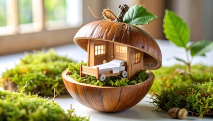 Miniature wooden house inside acorn with moss with macro, and fantasy.