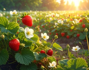 Beautiful field of strawberries with white flowers at sunset, bathed in golden light