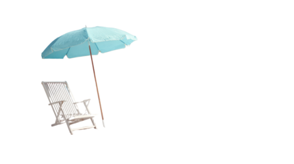 White beach chair with pastel blue umbrella isolated on white background for summer relaxation, vacation, and coastal leisure concept