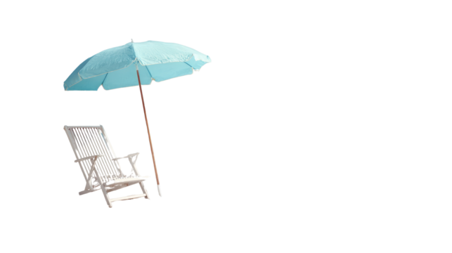 White beach chair with pastel blue umbrella isolated on white background for summer relaxation, vacation, and coastal leisure concept
