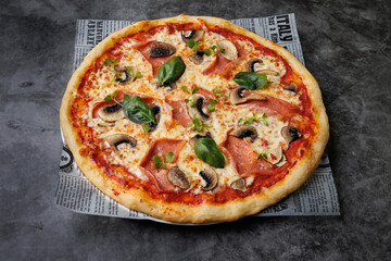 Delicious Fresh Pepperoni Mushroom Basil Pizza On Newspaper For Food Photography