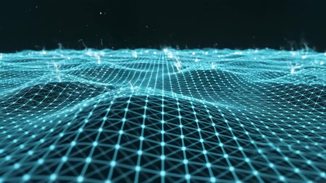 Abstract wave surface composed of interconnected luminous cyan geometric grids undulating and pulsing with electrical energy pulsing, radiance, hi-tech