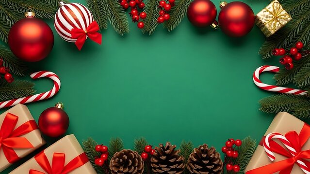 Festive christmas wreath border with ornaments candy canes pinecones and gifts on a green background