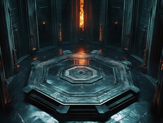 Enigmatic Platform in a Dimly Lit Chamber with Fiery Accents and Gothic Design