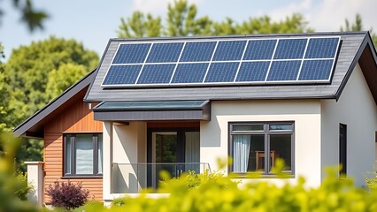 Fototapeta premium Modern house with solar panels on the roof, showcasing sustainable energy under natural daylight.