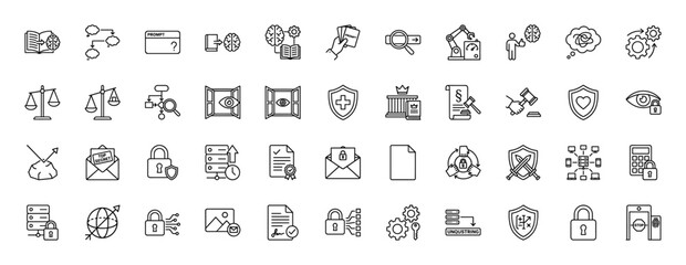 Fototapeta premium Artificial intelligence and security line icon set. Vector pictograms of machine learning, data protection, privacy, and legal justice, thin outline illustration.