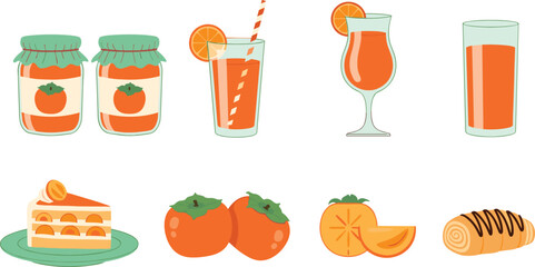 Persimmon-themed food and drink collection featuring jam, juice, cake, and pastry—perfect for culinary, seasonal, and healthy lifestyle concepts.