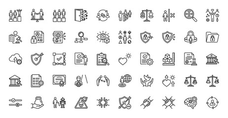Ethics and corporate responsibility line icon set. Vector pictograms of justice, security, compliance, and regulation, thin outline illustration.
