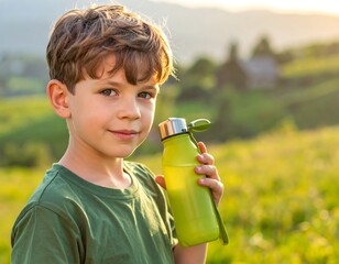 Boy with reusable water bottle enjoys the outdoors during sunset golden hour