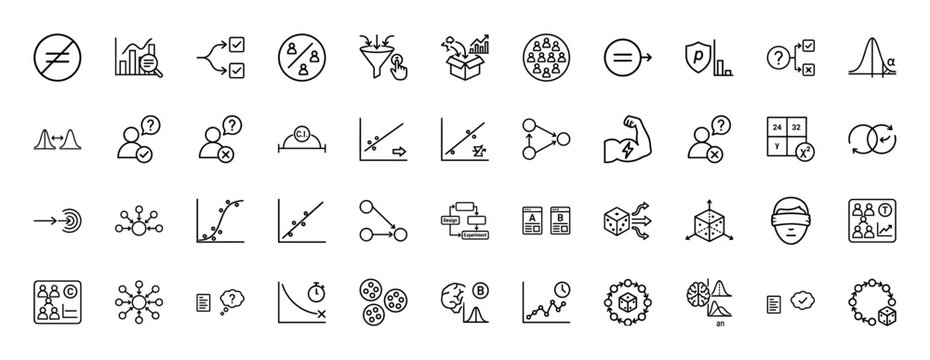 Statistics line icon set. Vector pictograms of probability, charts, experiments, bell curve, network, scatter plot, funnel, dice and sampling, thin outline illustration.