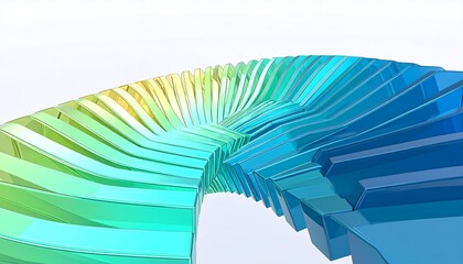 A curved, colorful, geometric form made of stacked, translucent rectangular shapes, transitioning from yellow to blue