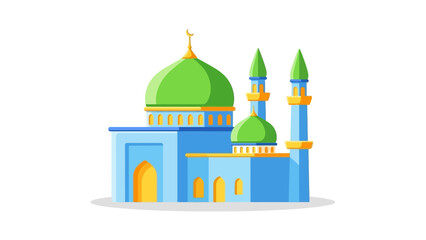 Flat vector illustration of a traditional Islamic mosque with green domes and minarets isolated on a white background