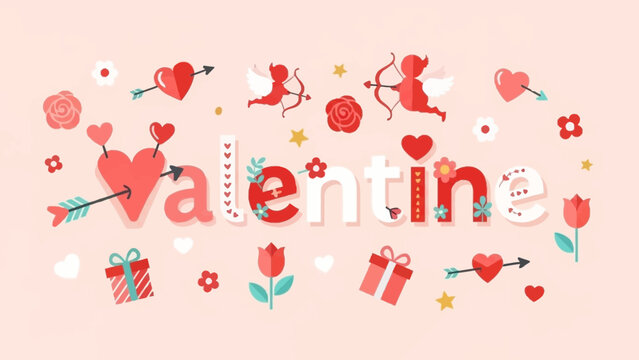 Charming Valentine's Day Celebration Design with Romantic Elements like Hearts, Cupid, and Floral Accents on a Pastel Pink Background