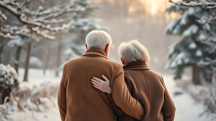 Elderly couple embracing during a gentle snowfall in winter landscape.