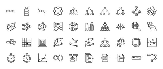 Computer science and algorithm icon set. Vector pictograms of flowcharts, data structures, trees, and graphs, thin outline illustration.