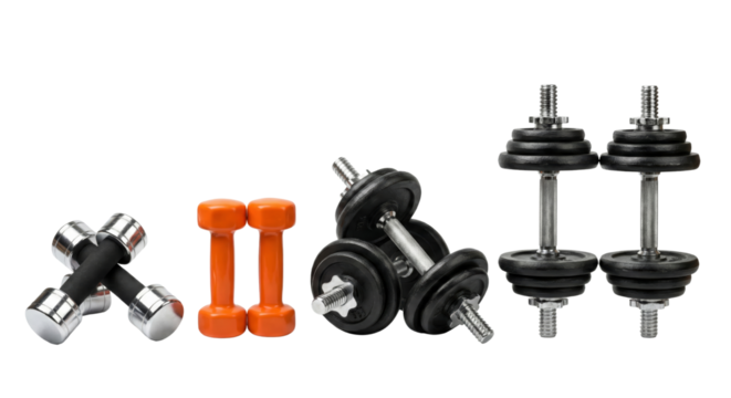 Assortment of Dumbbells for Strength Training and Fitness Isolated on Transparent Backdrop