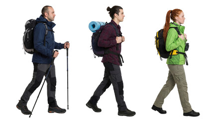Group of people hiking with backpacks on an isolated transparent backdrop for outdoor concept