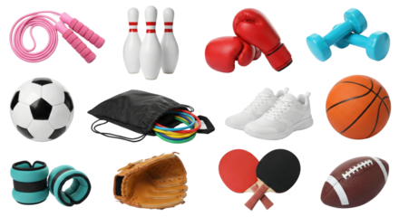 Assortment of Sporting Goods and Athletic Equipment on Isolated Transparent Backdrop