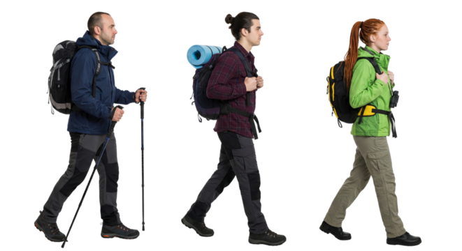 Group of people hiking with backpacks on an isolated transparent backdrop for outdoor concept