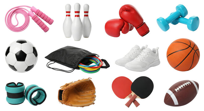 Assortment of Sporting Goods and Athletic Equipment on Isolated Transparent Backdrop