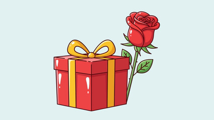 Vibrant red gift box with a golden bow and a beautiful single red rose, an iconic symbol of love, romance, and thoughtful gifting