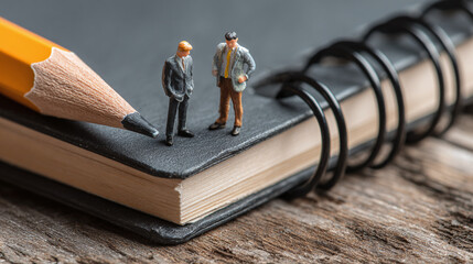 Miniature figures of two men standing on top of a notebook next to a pencil, suggesting planning and ideas