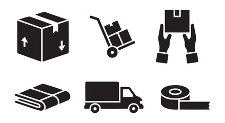 Set of moving labor icons including box, hand truck, hands holding package, moving blankets, delivery truck and packing tape on white background — ideal for relocation, logistics and home moving conte