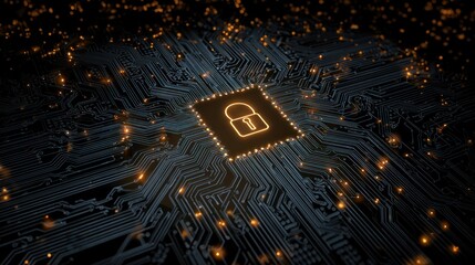 Digital Fortress: A close-up shot of a computer chip, glowing with an illuminated lock icon, underscores the importance of digital security in the modern world.