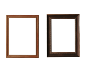 Two wooden picture frames with white empty space isolated on transparent background