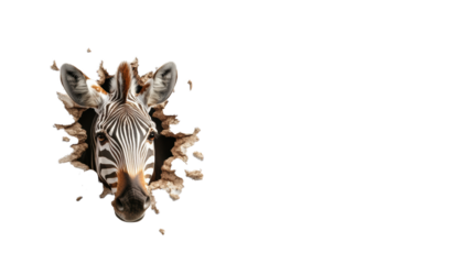 Zebra Breaking Through Wall on Transparent Background