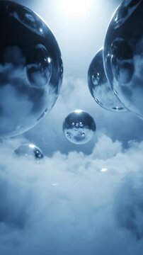 Seamless physics simulation of glossy spheres defying gravity and slowly drifting upwards through a misty atmospheric environment design, abstract, clean