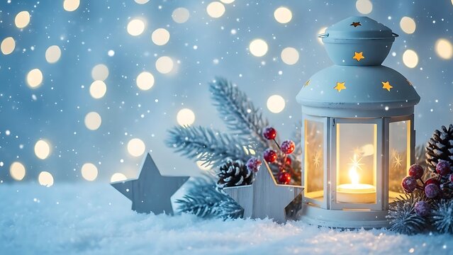 Winter holiday scene with lantern and snowflakes - Powered by Adobe