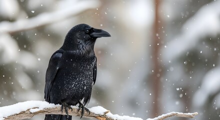 Obraz premium A lone black raven perches on a snow-covered branch during a gentle snowfall.